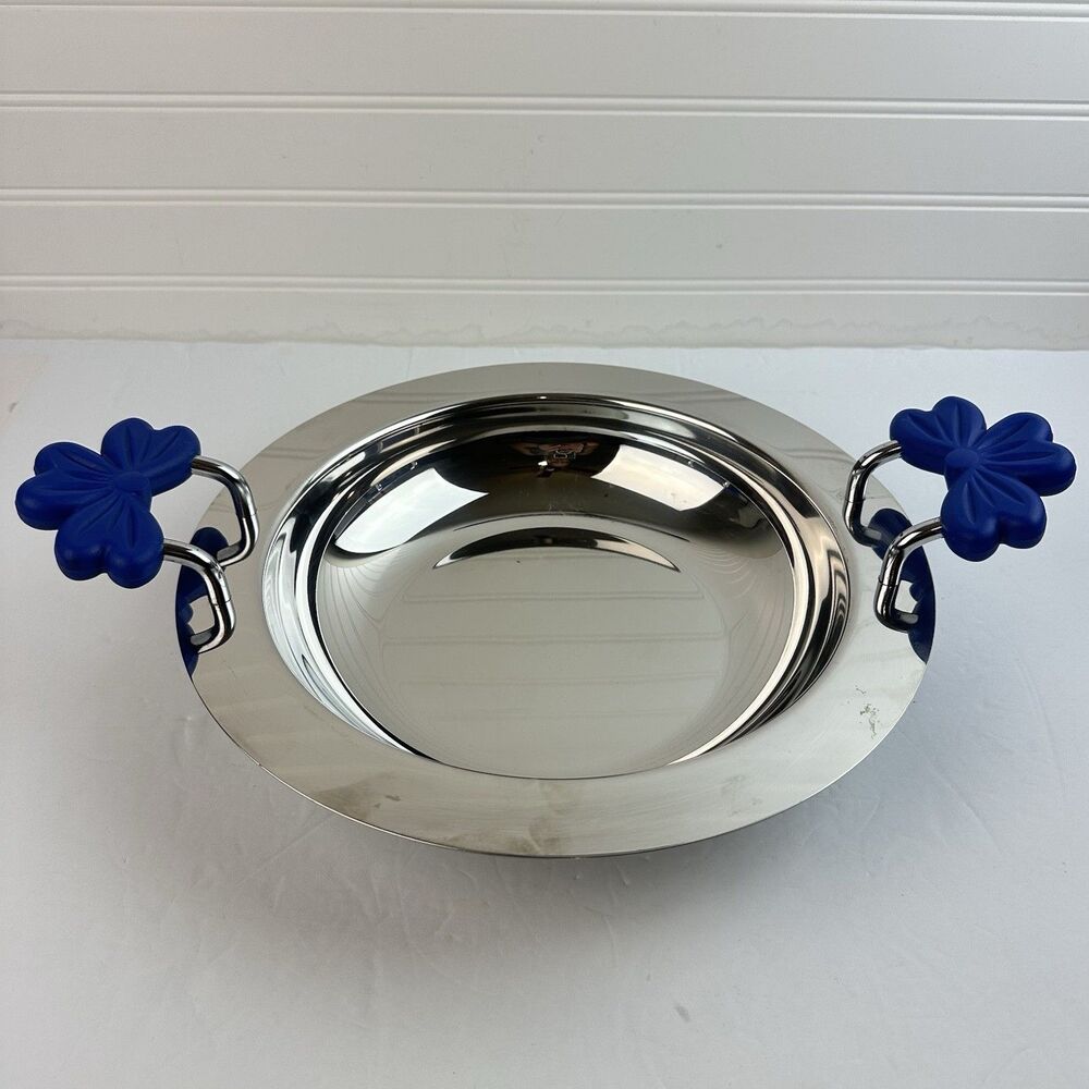 Postmodern Memphis Style Silver Bowl Blue Resin Handles Inoxpran 18/10 Stainless